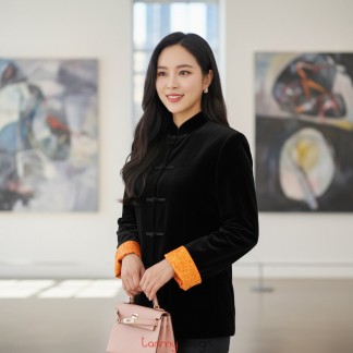 Áo vest nhung bu đanh khuy đũa đen lót cam